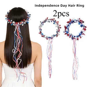 2pcs American Independence Day Hairbands, Patriotic Star Wreath Headbands, Blue Stars, Long Fringe, for Women Girls