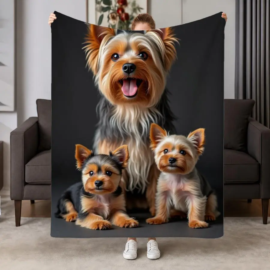 Cozy Yorkshire Terrier Family Flannel Throw Blanket - Soft & Warm with Adorable Adult and Puppy Dogs on Dark Gray Background, Ideal for Couch, Bed, Office & Travel, Perfect Gift for Dog Lovers Weighted Blanket 280GS Cozy Throw Blankets