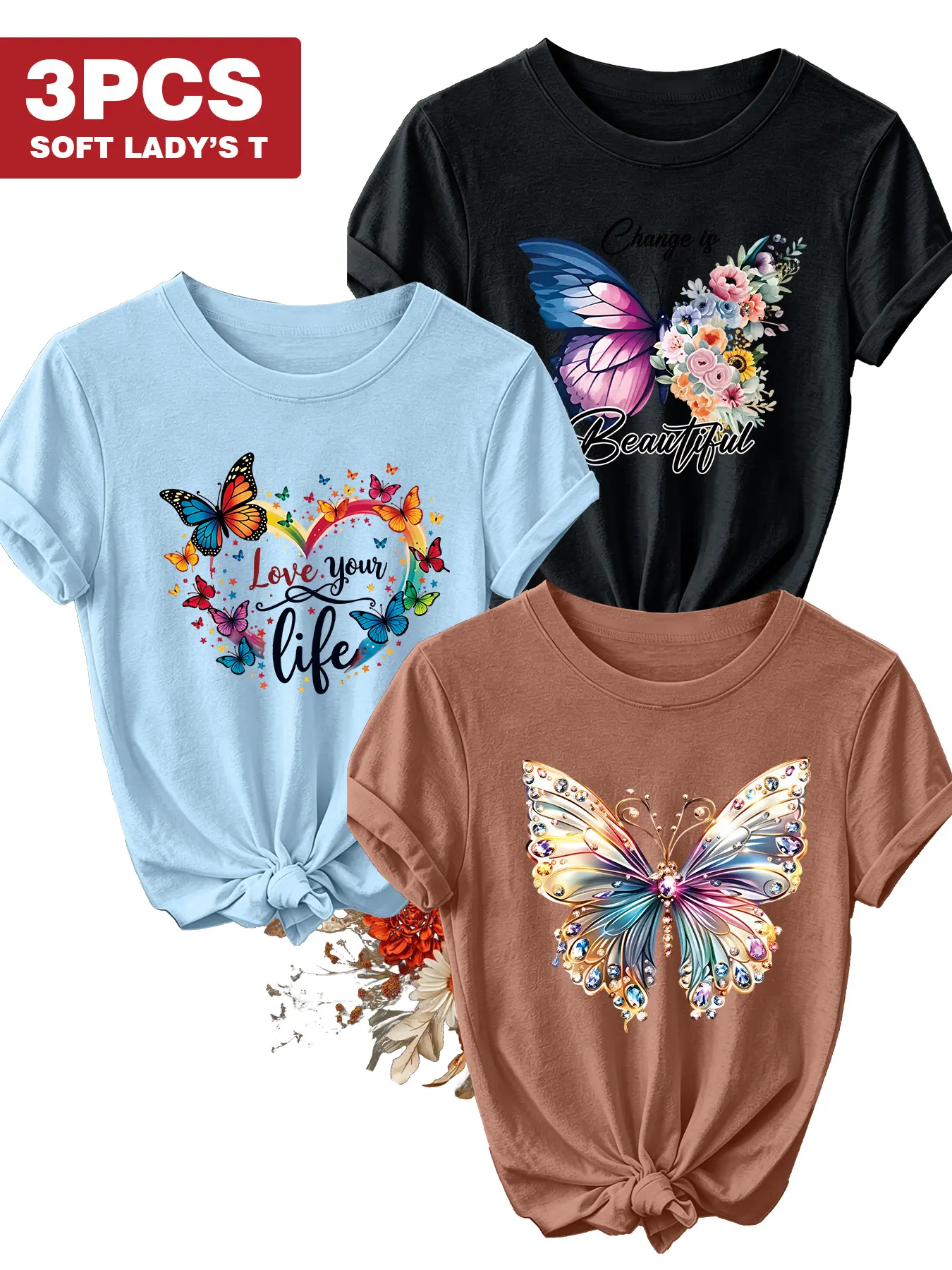 3Pcs Women Crew Tee, Colorful Butterfly Floral Quote Print, multi-color, washable, soft spring summer top