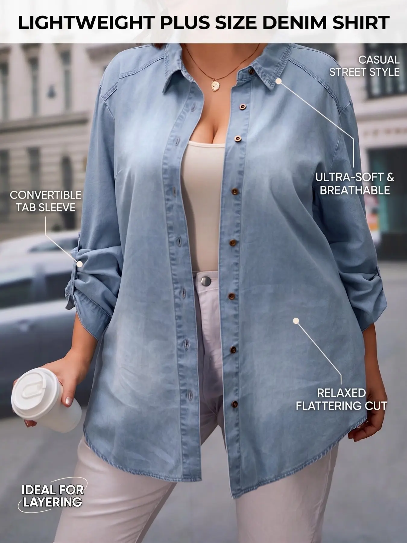 Plus Size Denim Shirt Jacket, Basic Lightweight Soft Washed Denim Outerwear, Loose Fit Long Sleeve Button Front, Casual Daily Wear