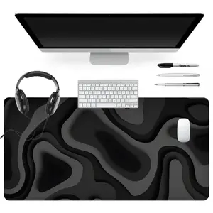 XXL Gaming Mouse Pad Topographic Design, Large Extended Desk Mat Keyboard Mouse Mat 35.4x15.7 Inch, Non-Slip Rubber Base, Abstract Black Topography Contour Map Mousepad for Gaming Office (Black/Grey)