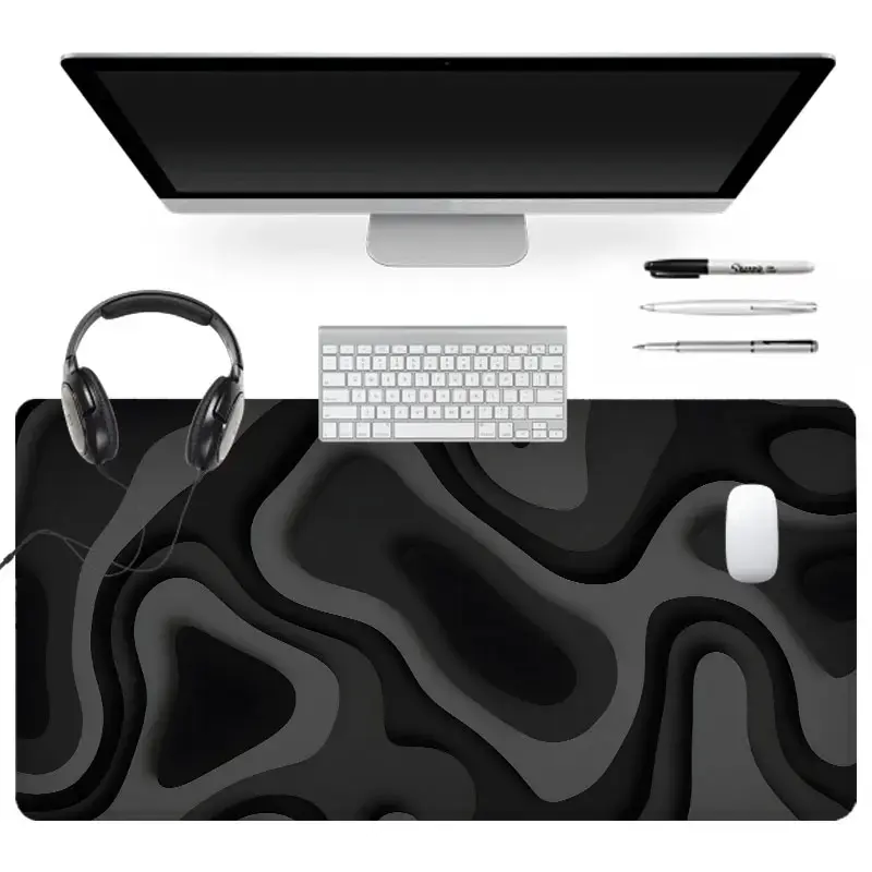 XXL Topographic Design Computer Mouse Pad for Gamers, 35.4x15.7in Large Extended Desk Mat, Non-Slip Rubber Base, Black/Grey Abstract Contour Map Home Decor PC Accessory homeessentials