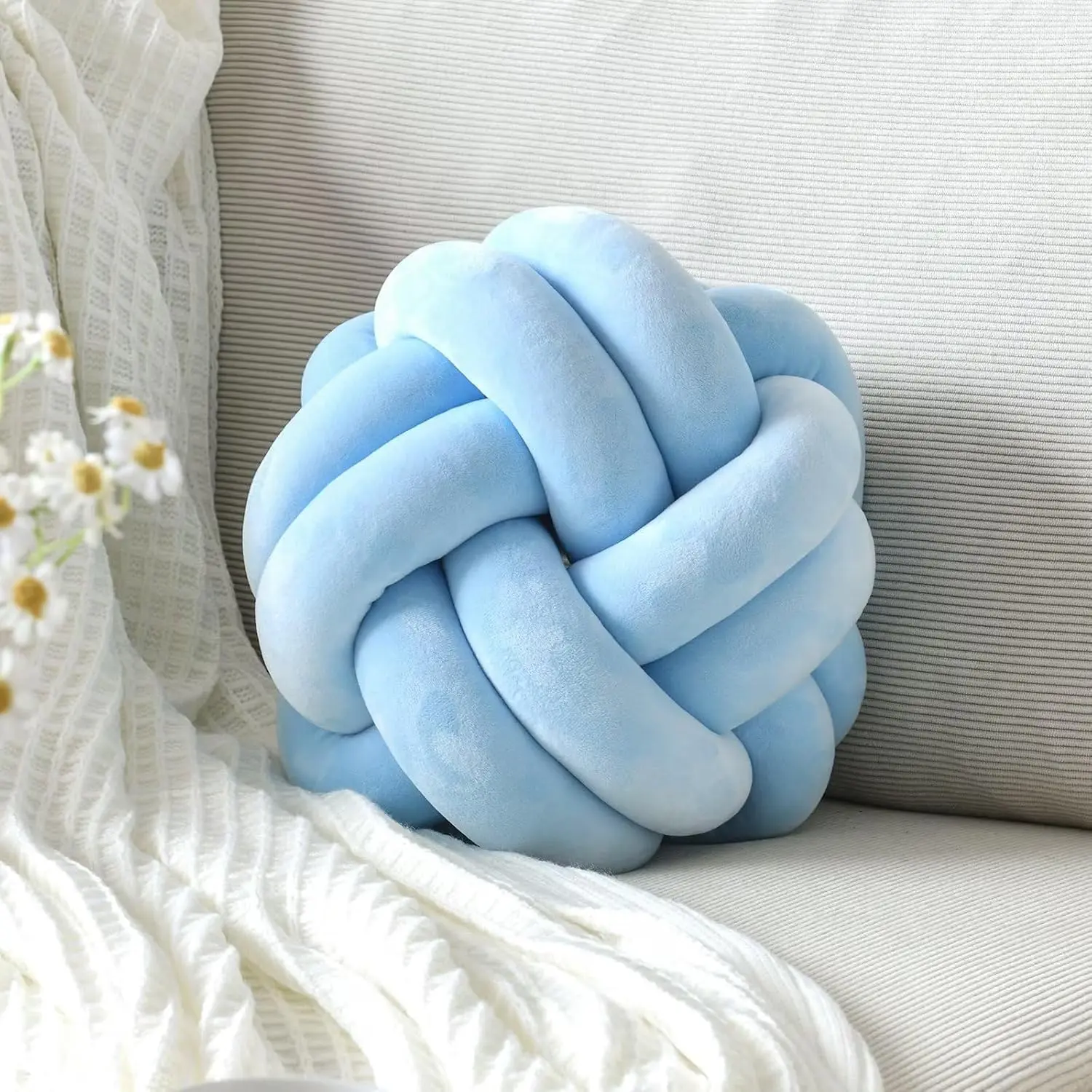 Knot Pillow Ball, Decorative Throw Pillows Cushion, Round Changeability Knotted Pillows, Home for Bedroom, Sofa, Couch (8 Inch, Light Blue)