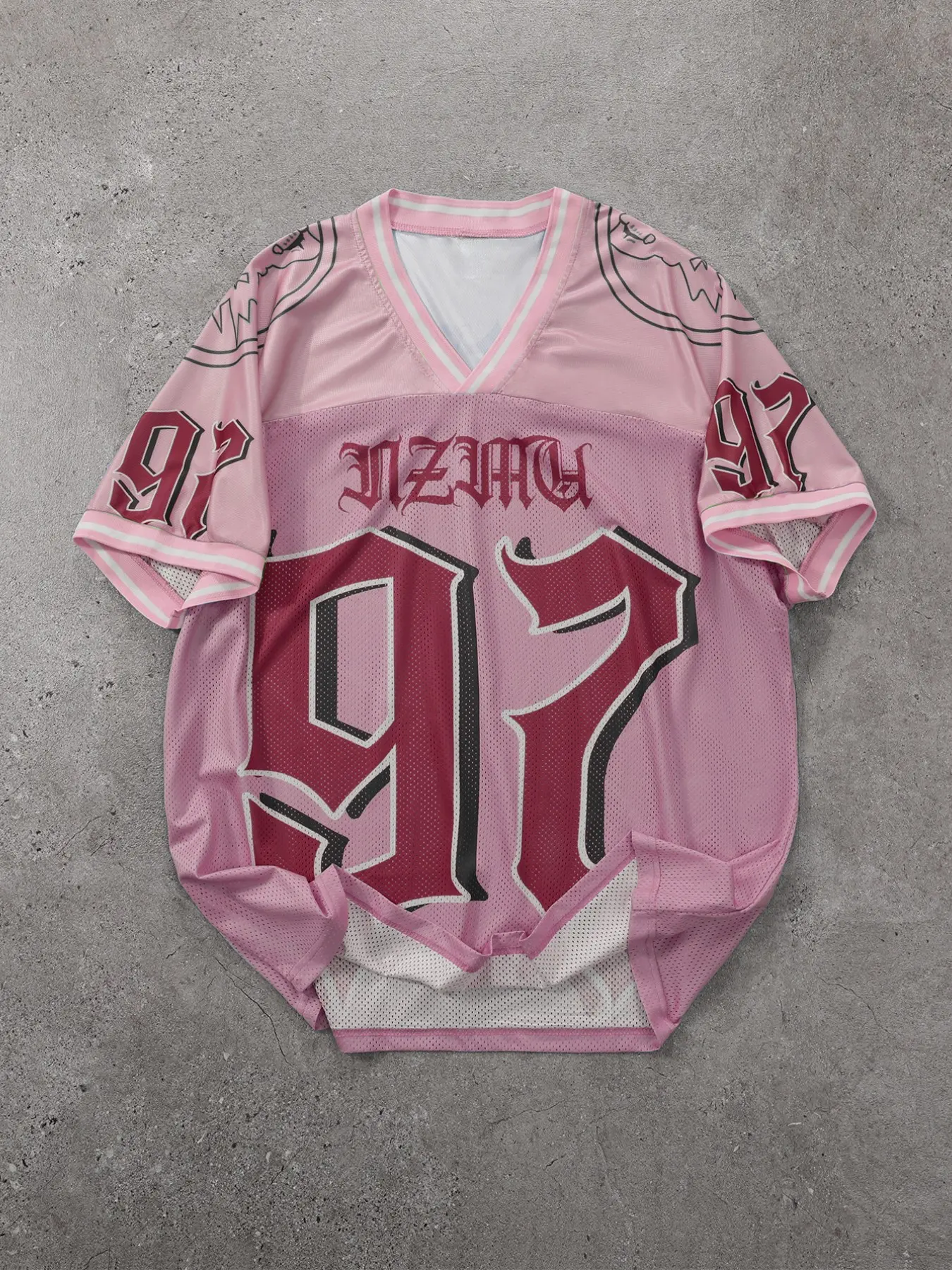 Men's Mesh V-Neck Rugby Short Sleeve Jersey, Casual Breathable Jersey, Gothic Font 97 Print, Striped Hem Loose Breathable Top, American Hip-Hop Street Style T-Shirt