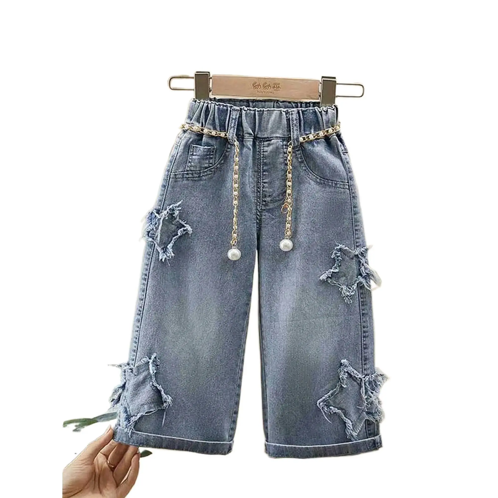 Girls Trendy Wide-Leg Denim Pants Spring Autumn Toddler Loose Straight-Leg Trousers Mid-Rise Embroidered Faux Rips Frayed Cuffs Stylish Casual