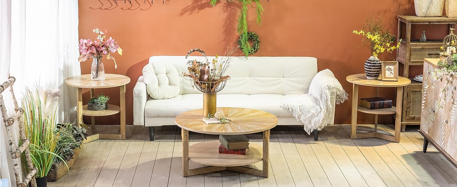 Round side table, natural wood-toned coffee table Double-tiered round sofa side table with storage functionality Vintage-inspired natural wood round bedside table Solid wood bedside table suitable for living rooms, bedrooms, and offices wildlife prints