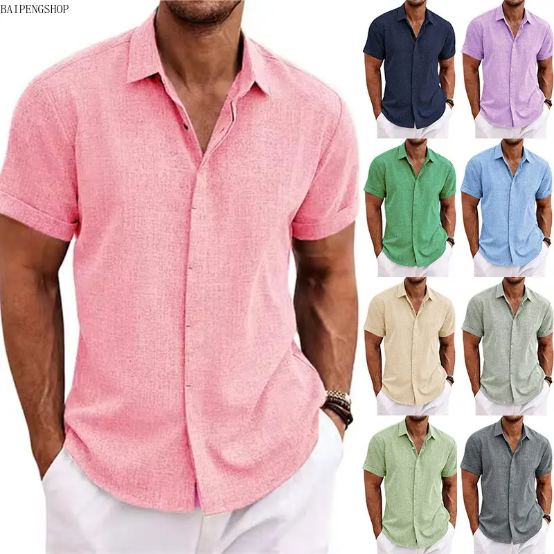 Men Short Sleeve Linen Button Down Shirts, Popular Lightweight Breathable Skin Friendly Summer Tops, Loose Soft Comfort Regular Fit Solid Collared Blouses, Multi Occasion Mens Apparel for Beach Wedding Daily Casual Semi Formal Vacation Wear