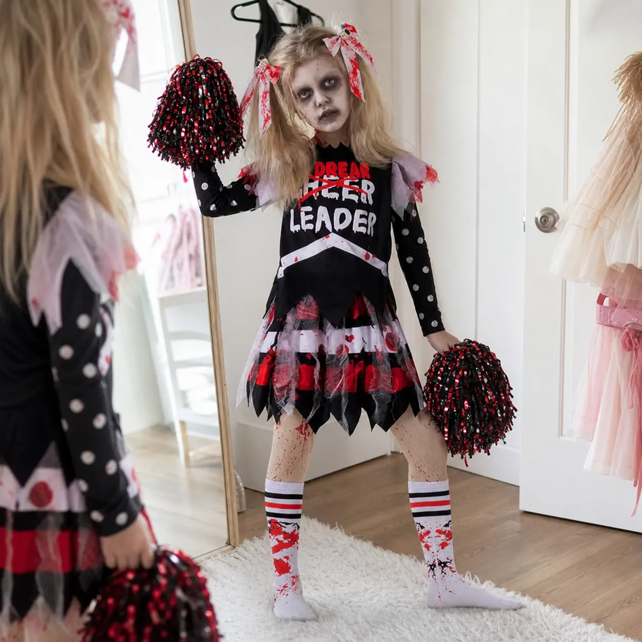 Girls' Halloween Cheerleader Fashion Apparel Set - Skull Print Sleeveless Top, Pom Poms, Party Dance Accessories
