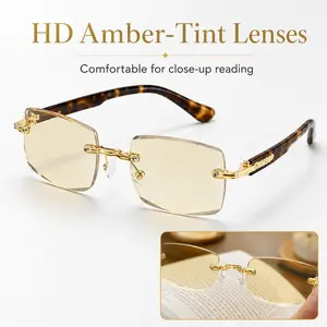 Rimless Amber Tint Reading Glasses, Blue Light Filtering Readers with Gold-Tone Details, Lightweight Cut-Edge Glasses for Phone Computer Reading