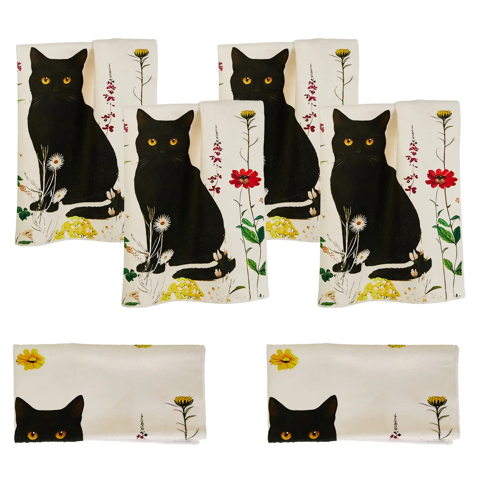 6 Pack Quick-Drying Microfibre Kitchen Towels, Decorative 17.7" x 26" Dish Towels with Floral & Cat Prints, Super Absorbent for Daily Use
