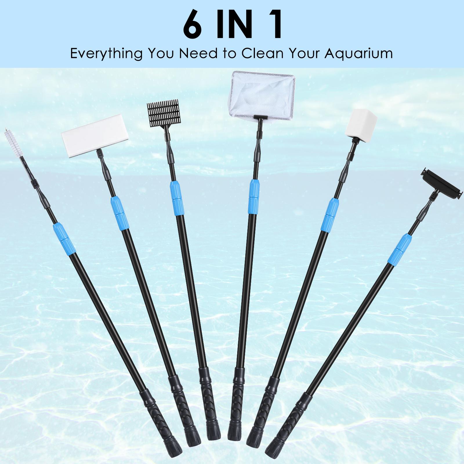 6 in 1 Adjustable Aquarium Cleaning Tool Kit Fish Tank Cleaning Kit for 20-160 Gallon Tank with Telescopic Long Handle, Algae Scraper, Scrubber Pads, Tube Cleaner, Fish net, Gravel Rake Fathersdaygift Removal