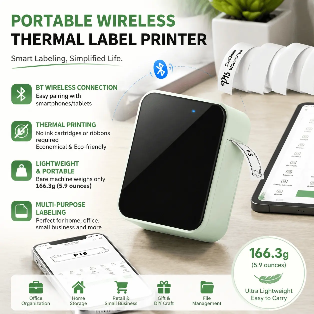 Portable Bluetooth Label Printer, Wireless Label Printer, USB Rechargeable, Multi-Fonts, Easy Operation for Home Office Organization. High-Quality Printing, Clear & Durable, Perfect for Marking Containers, Files, Cables