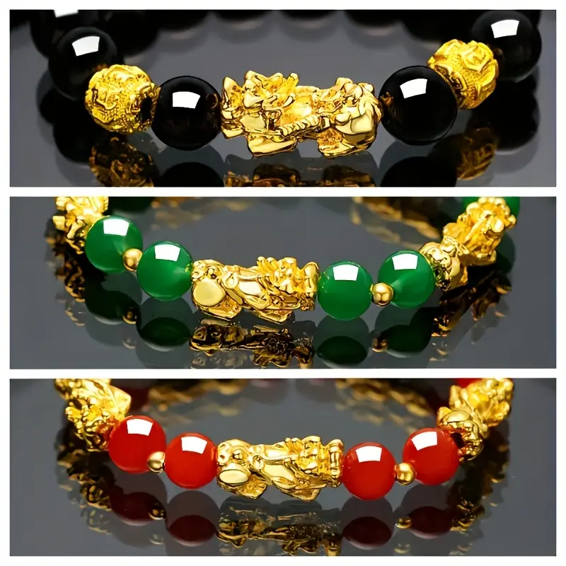 3-Piece Traditional Chinese Pi Xiu Stretch Beaded Bracelet Set, Feng Shui Wealth Amulet Bracelets with Glossy Glass Beads & Zinc Alloy Pi Xiu Charms, Unisex Lucky Jewelry for Good Luck, Prosperity & Protection, Ideal Gifts for Men & Women