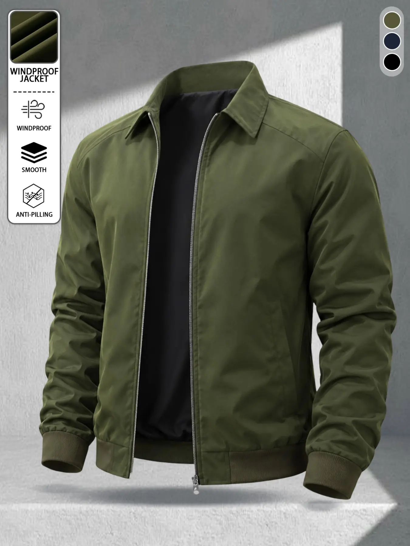Men's Roll Collar Flying Jacket, Long Sleeve Loose-Fit, Plain Surface, Pull-On Closure, All-Season Business Outerwear