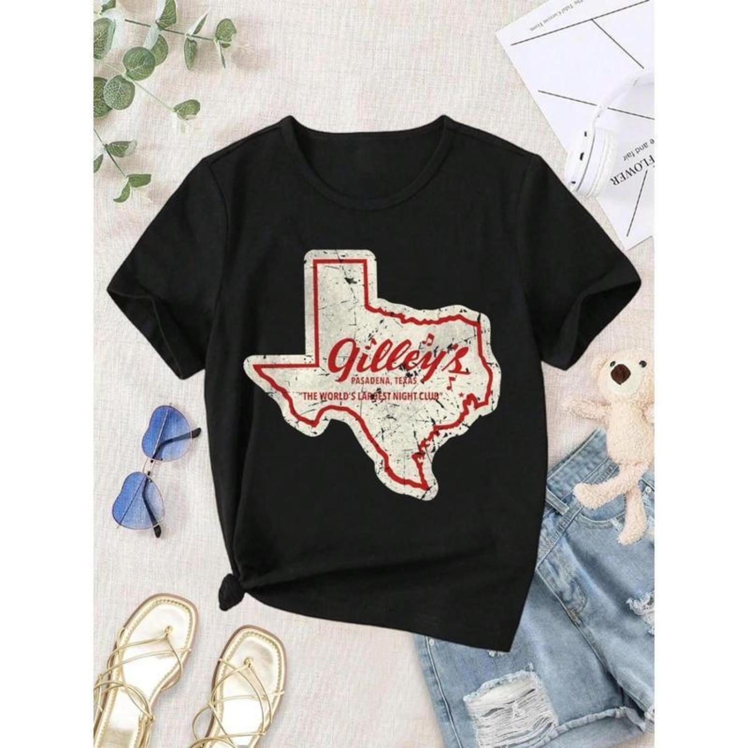 180g[100%cotton]Vintage Gilleys Pasadena Texas Women'S T-Shirt - Retro Western Style Short Sleeve Crew Neck Black Tops Womenswear Golf Gift T-Shirt For Men And Women