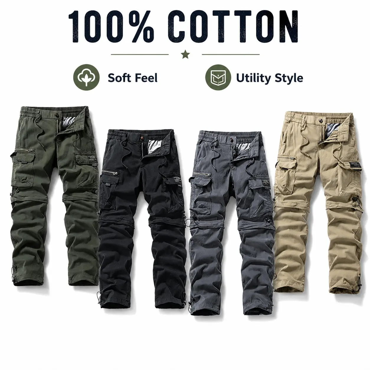 Men’s 100% Cotton Tactical Cargo  - Zip-Off Convertible Hiking Work  with Multi Pockets and Adjustable Hem,Slim, Men's  No Iron Khaki Classic Fit linen harem  breathable workout jogger men high waist wide leg pant wear-resistant workwear work pant
