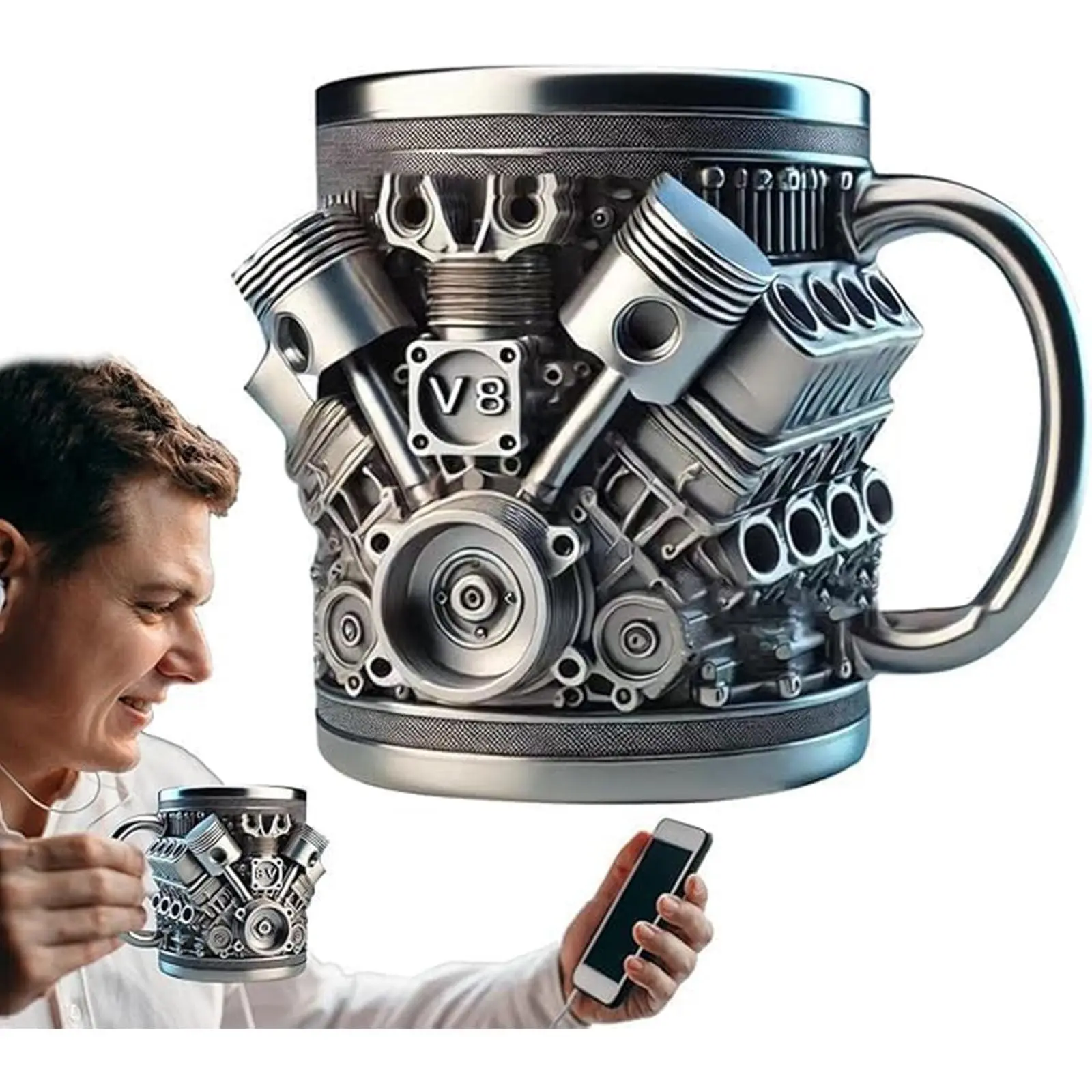 Fun Father's Day V8 Engine Stainless Steel Mug, Personalized V8 3D Design Retro Coffee Cup, Dual Layer Insulated, 15oz Car Enthusiast Special, Coffee Mugs