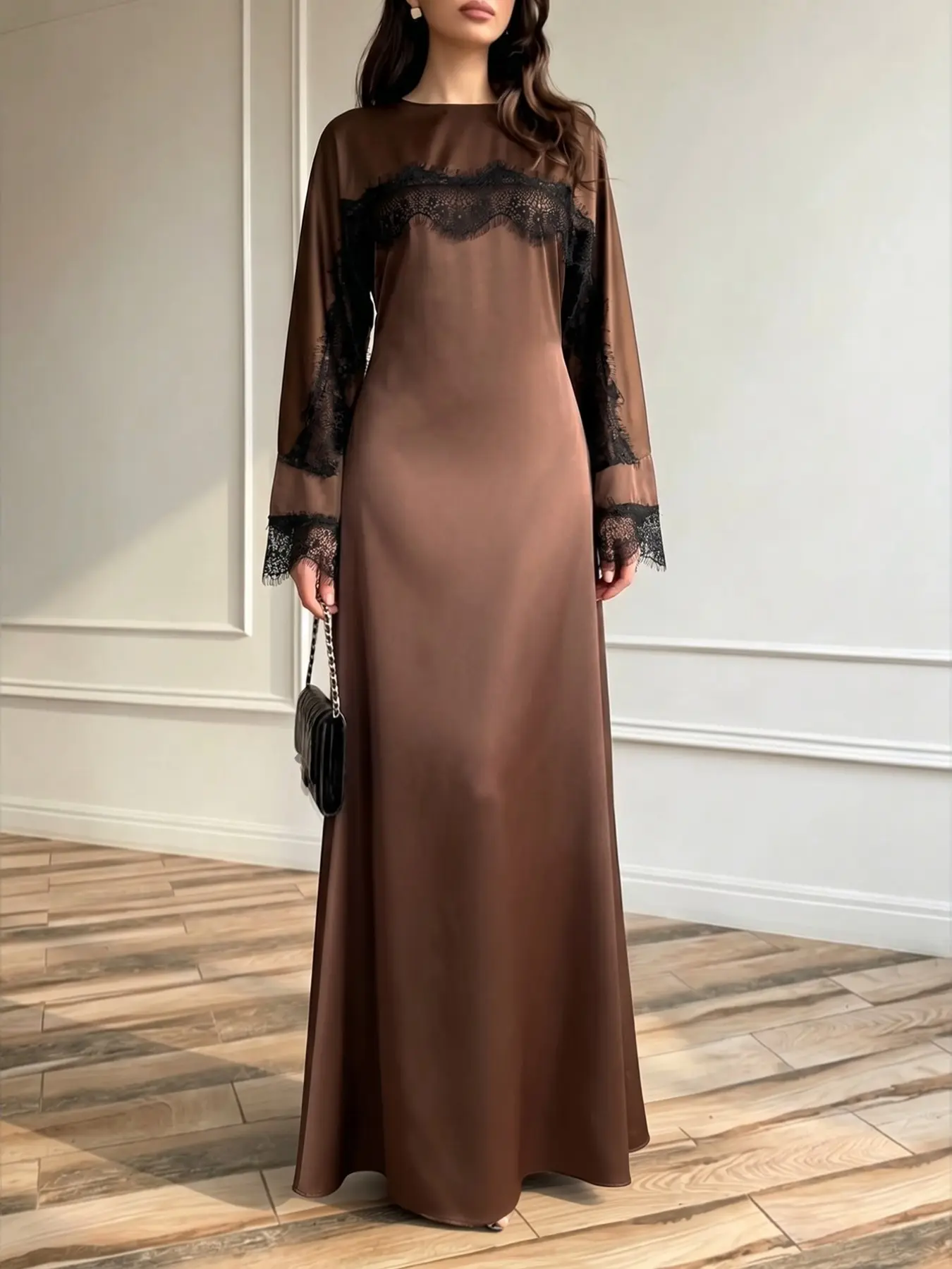 Women's Long Middle Eastern Satin Lace Patchwork Shawl Long Sleeve Dress, Elegant Evening Wear, Stylish Formal, Perfect for Special Occasions