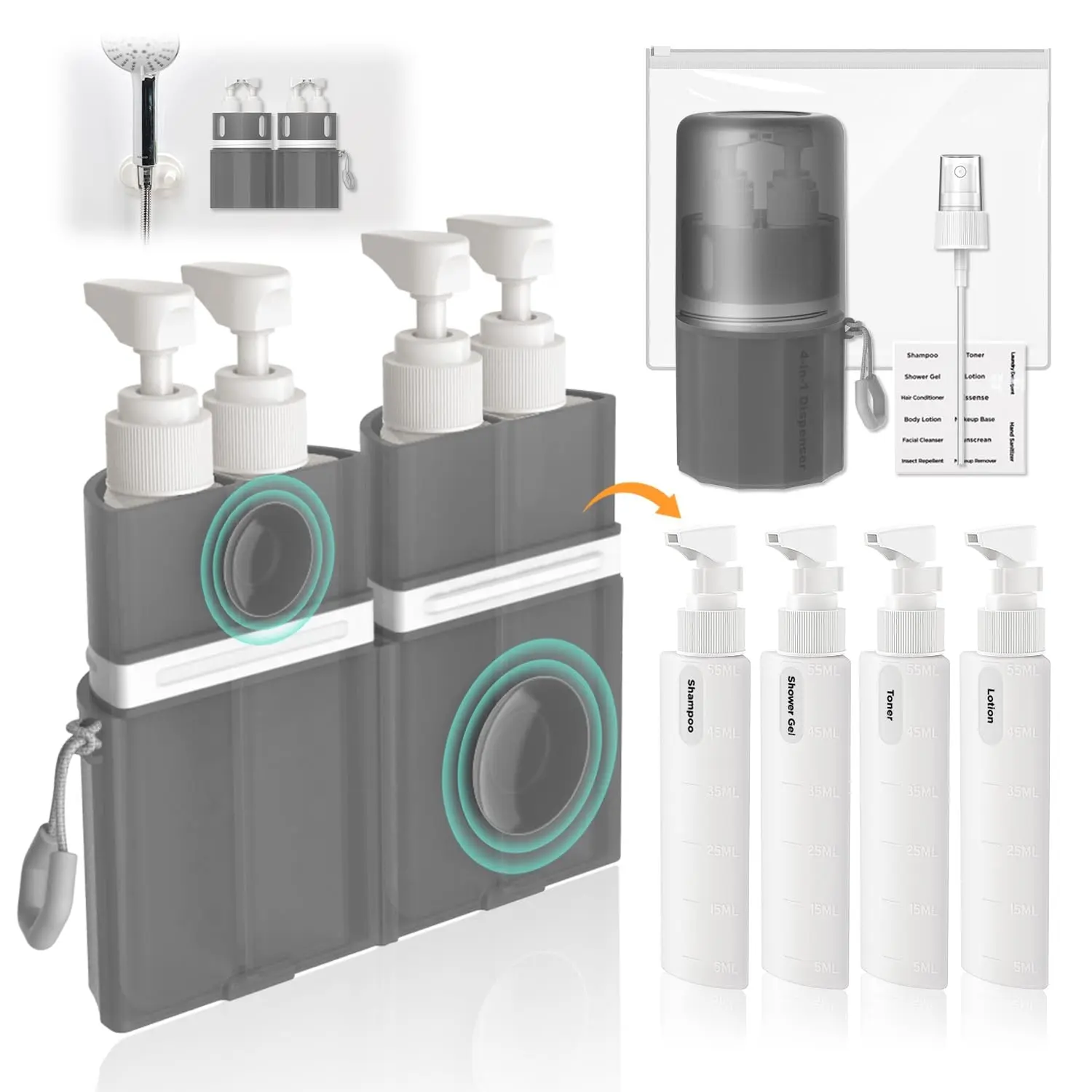 Travel Bottles for Toiletries, TSA Approved Travel Shampoo and Conditioner Bottles with Suction Cups, GrayGift