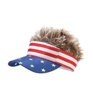 Funny Spiked Wig Visor Hat American Flag Pattern Novelty Baseball Cap Hilarious Party Prop for Summer Festivals Independence Day Costume