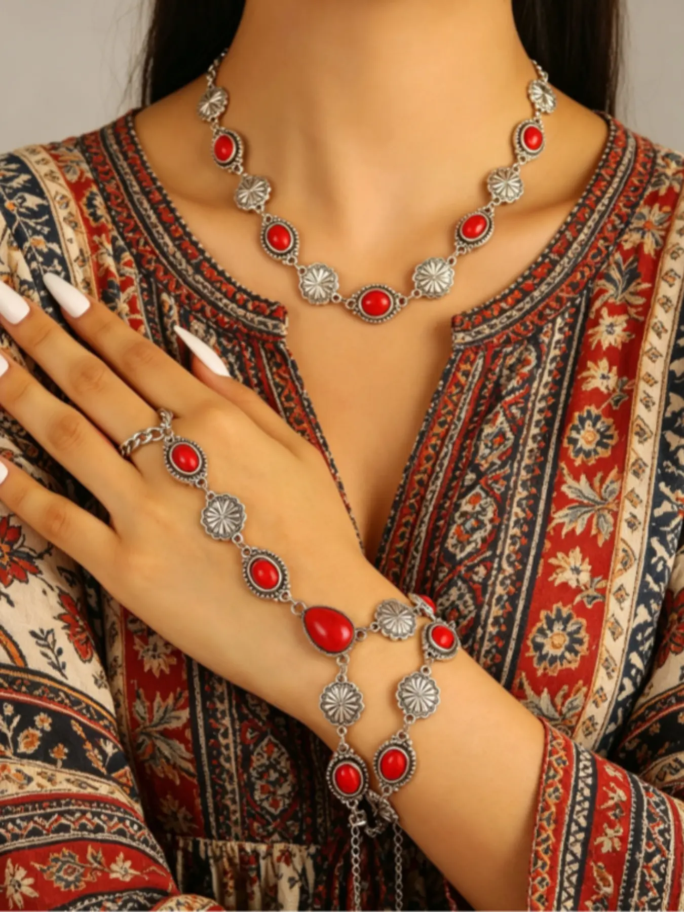 Boho Vintage Floral Concho Pendant Matching Neck & Wrist Jewelry Pack