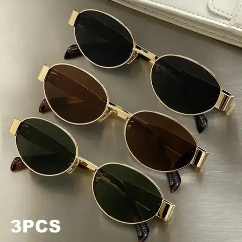 Female 3pcs Casual Metal Frame Oval Fashion Sunglasses for Women - Tailored Design, Ideal for Daily Wear & Beach Activities, Sports Cycling Shades (Sports & Outdoor Accessories)