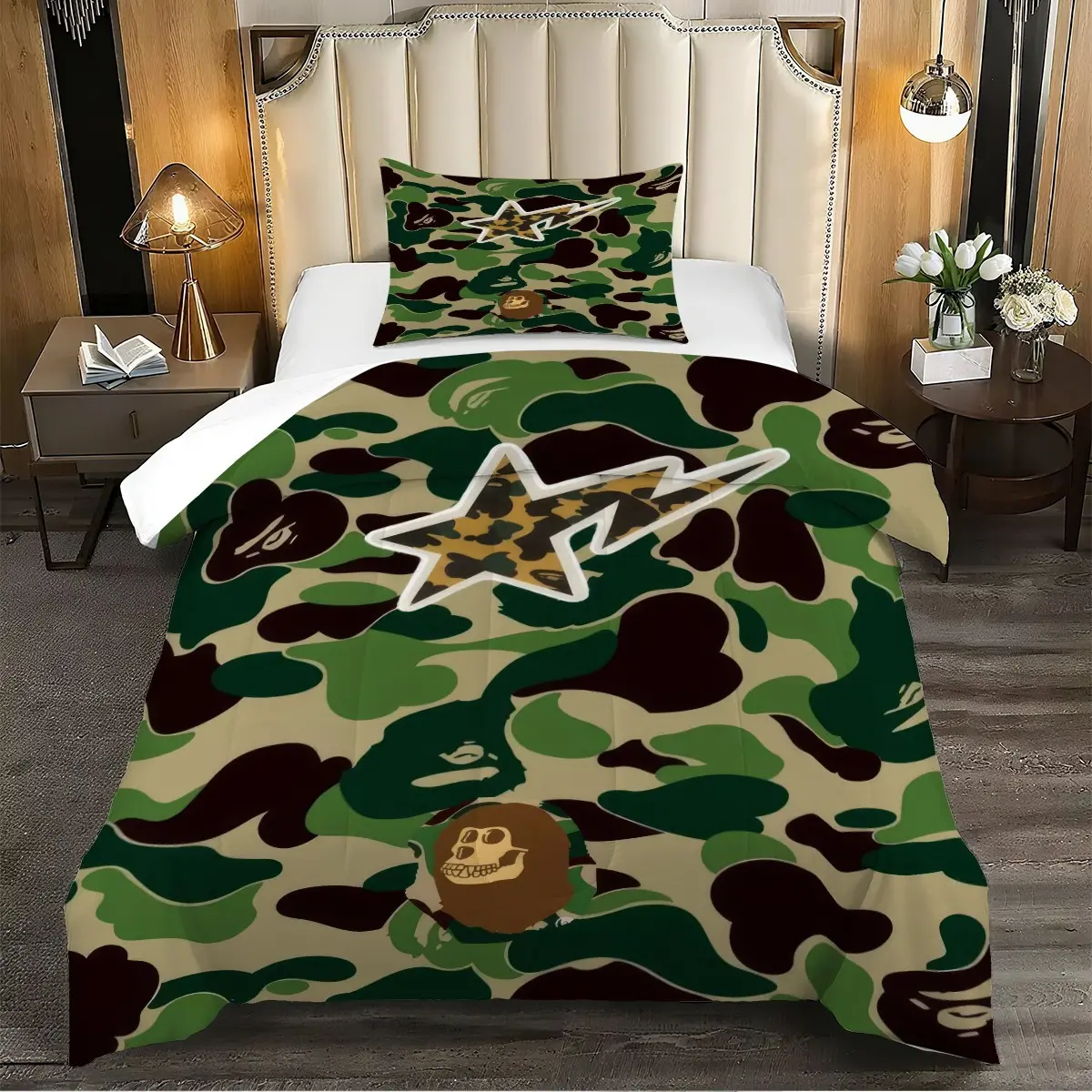 2/3pcs Camouflage Printed Quilt Set, Star Patterned Bedding Set, Breathable Duvet Set, Soft And Breathable Quilted Quilt, With 1/2 Coreless Pillowcase, Suitable For Teenagers And Adults, Lightweight And Breathable, Suitable For All Seasons