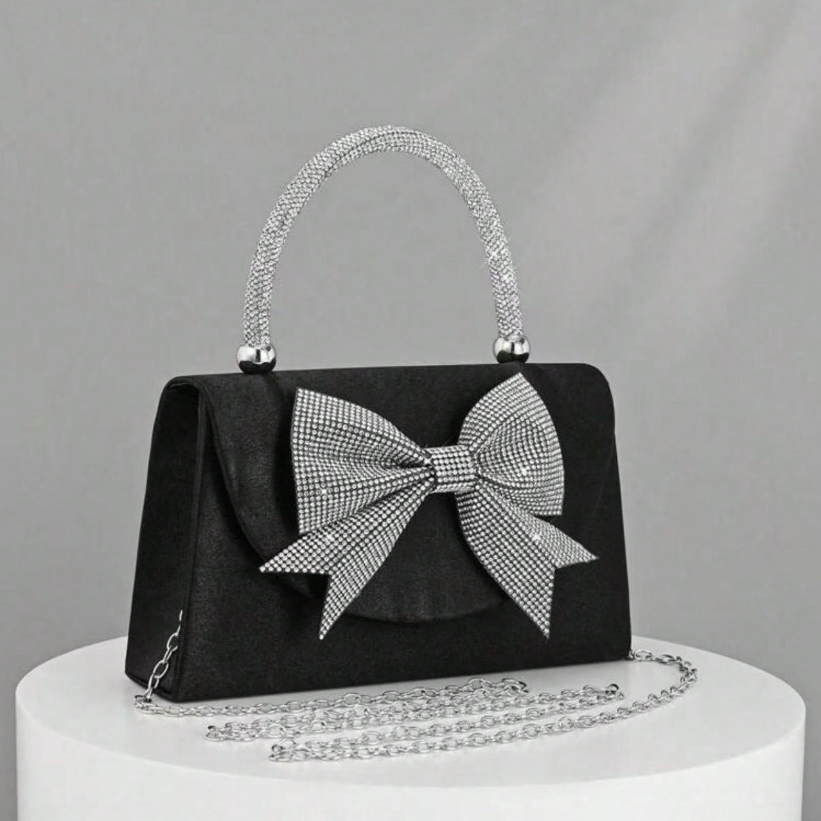 Women's European American Fashion Black Satin Flap Clutch Evening Bag, Sparkling Elegant Bowknot Rhinestone Decor Party Handbag, Luxury Satin Formal Dress Crossbody Bag, Chain Shoulder Bag Suitable For Banquet, Party, Birthday, Wedding