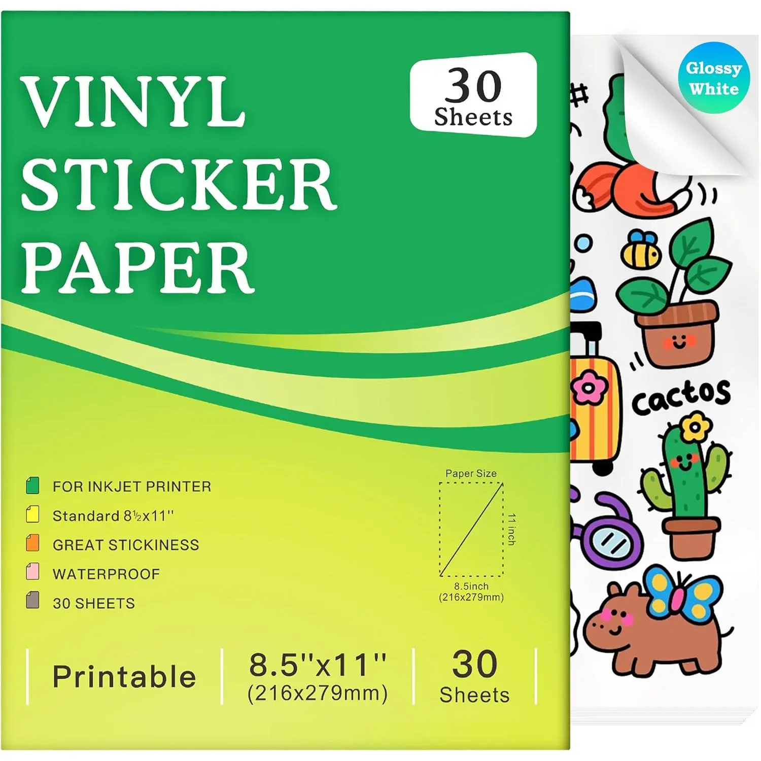 30 Sheets  Printable Vinyl Sticker Paper for Inkjet Printer, Glossy White , Dries ,  Colors, 8.5x11 Inkjet Vinyl Sticker Paper  for  Machines