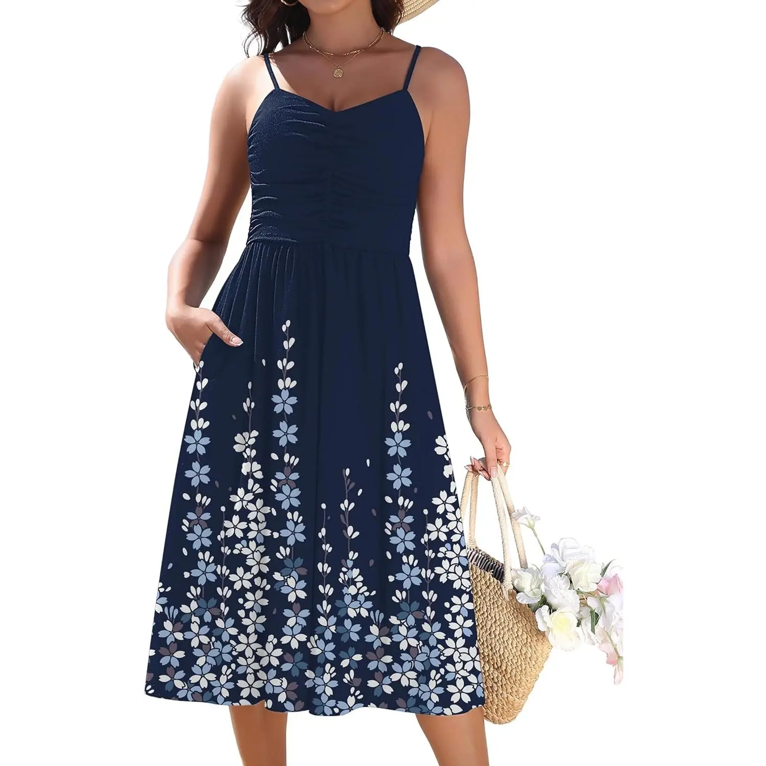 Women's 2026 Summer Adjustable Sleeveless Spaghetti Strap Floral V-Neck Ruched Midi Flowy Beach Dress with Pockets, Casual Wear Clothes, Sundress, Ruched Floral Flow, V‑Neck Elegance