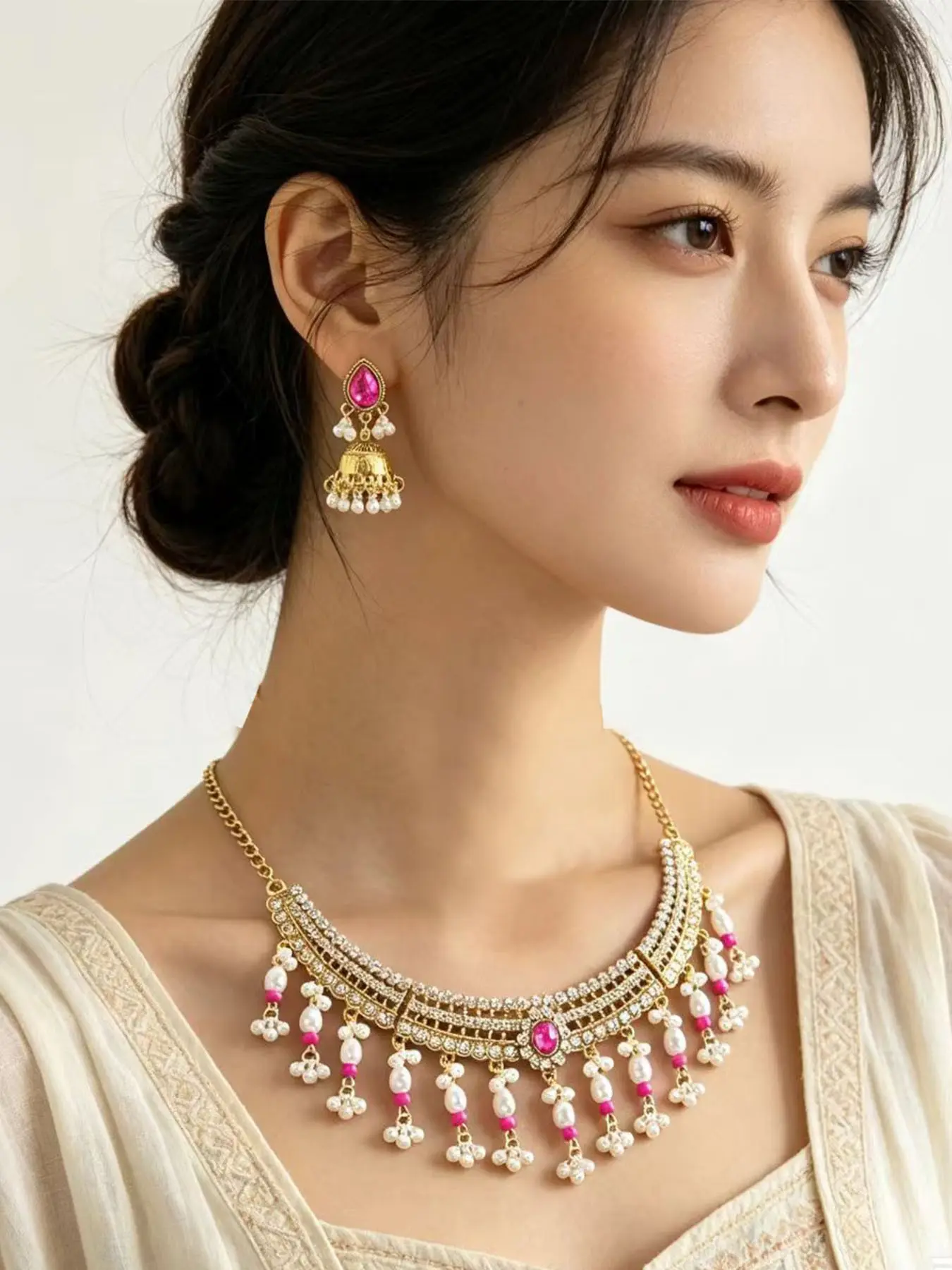 Vintage Bell Earrings Pearl Tassel Necklace Set, Necklace And Earring Set, Indian Style Heavy Jewelry, Party Dress Accessories, Eye-Catching Fashion Set