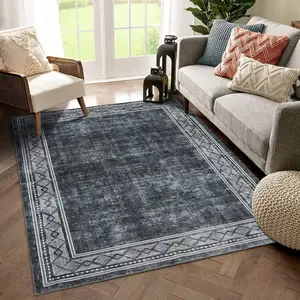 GARVEE5x7 Rug Machine Washable Rug Solid Area Rug Bordered Rugs Modern Area Rug Stain Resistant Low-Pile Non-Slip Distressed Rug for Bedroom Kitchen Living Room, 5x7 Grey