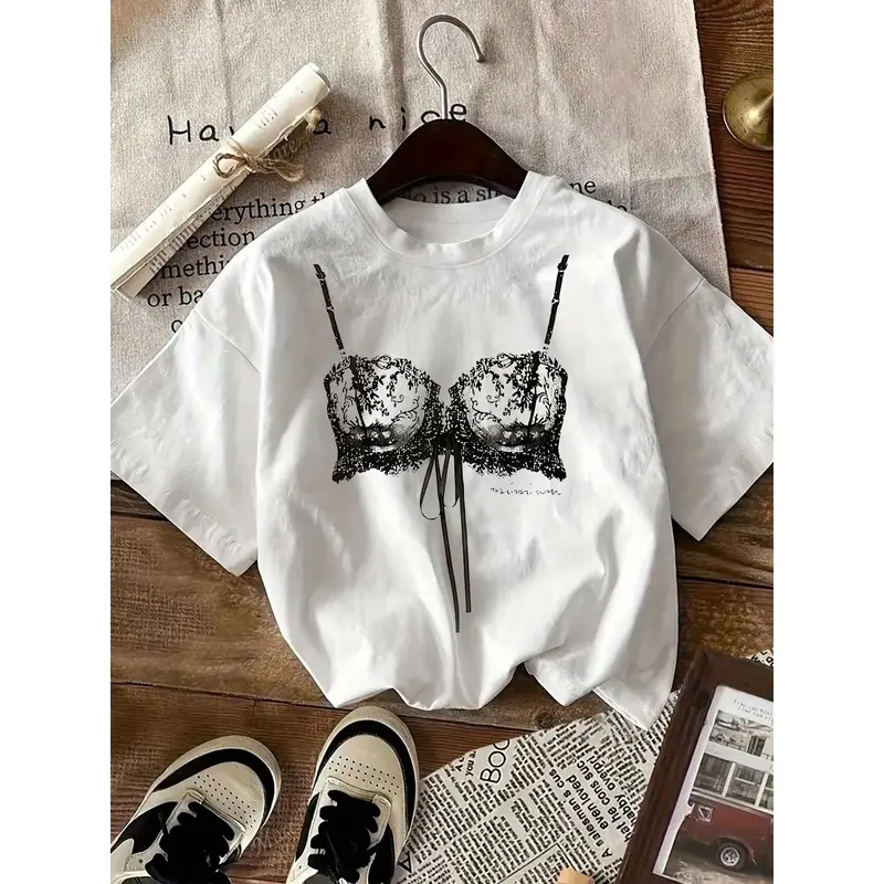 Women's Y2K Trendy Lace Lingerie Graphic T-shirt, Oversized Crewneck Short-sleeve Top, Comfortable Casual Tee, Ideal for Summer & Weekend Outings