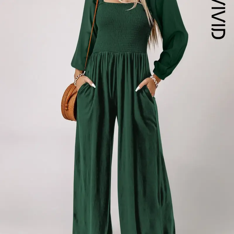 Women's Plain Ruched Shirred Pocket Wide Leg Jumpsuit, Casual Comfy Jumpsuit, Casual Bishop Sleeve Square Neck Jumpsuit for Spring & Fall, Ladies Clothes for Daily Wear