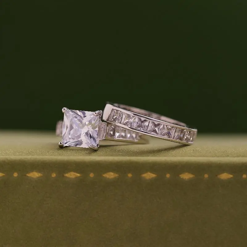 2Pcs Women Wedding Ring Set, Silver Tone Princess Cut Engagement Promise Rings, Classic Romantic Statement Jewelry Gift