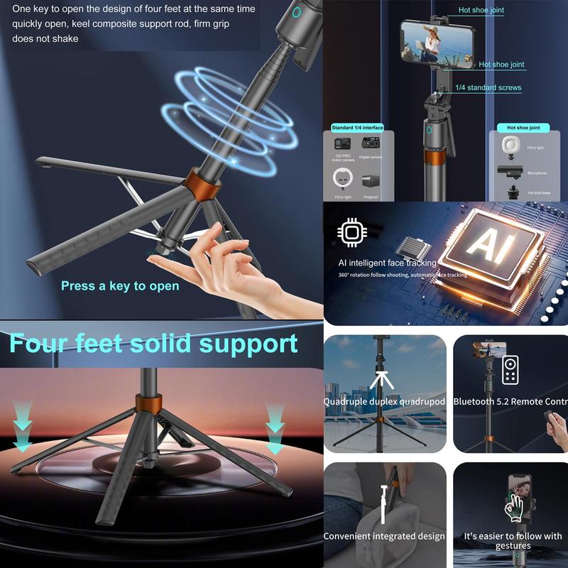 Smart Face Tracking Selfie Stick, Rechargeable 360-Rotatable Auto Face Tracking Phone Holder with 2 Fill Light, Phone Accessories for Vlog Recording, Live Streaming, Smartphone Camera Accessories