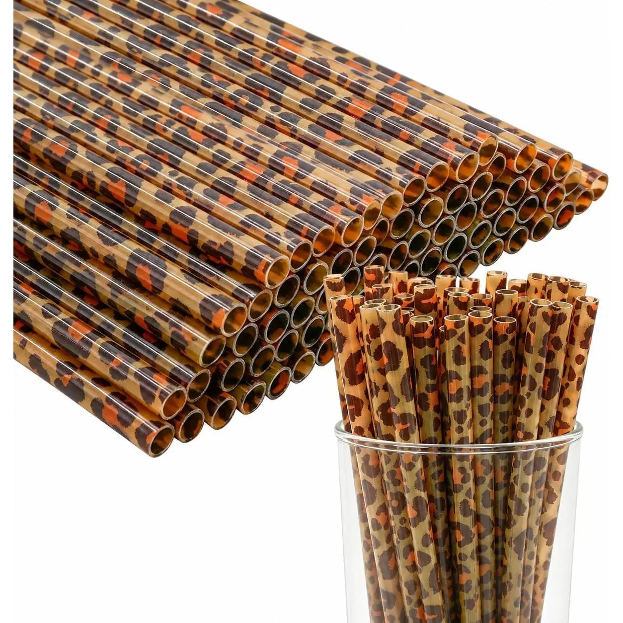 50 count  Leopard Print Straws Bulk,  Print Plastic Drinking Straws with 2 Cleaning Brushes for  Print Party Favors Safari Birthday Party Supplies
