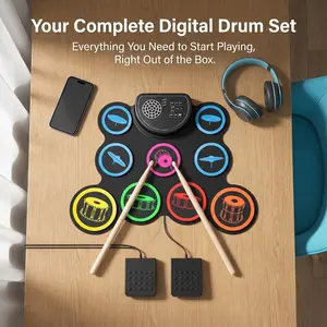 Portable electronic drum practice kit, 9-pad rollable,in speaker and pedal, with headphone jack, silent practice gift for children beginners