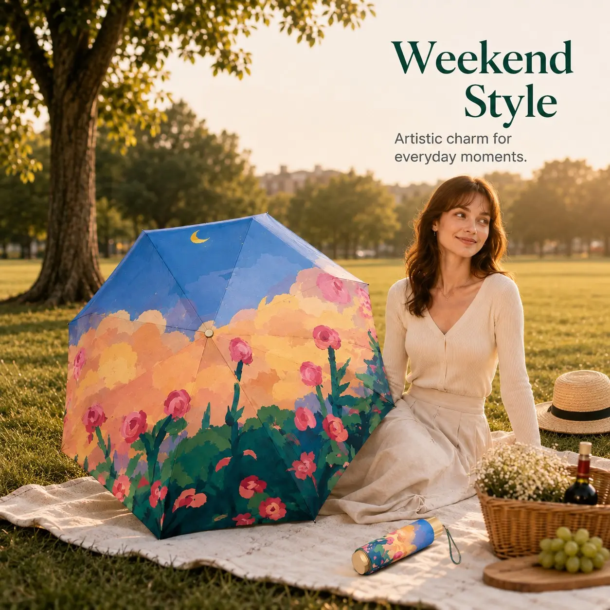 Portable Folding Umbrella, Artistic Floral Print, Compact Design with Matching Umbrella Sleeve for Travel, Commuting and Daily Use