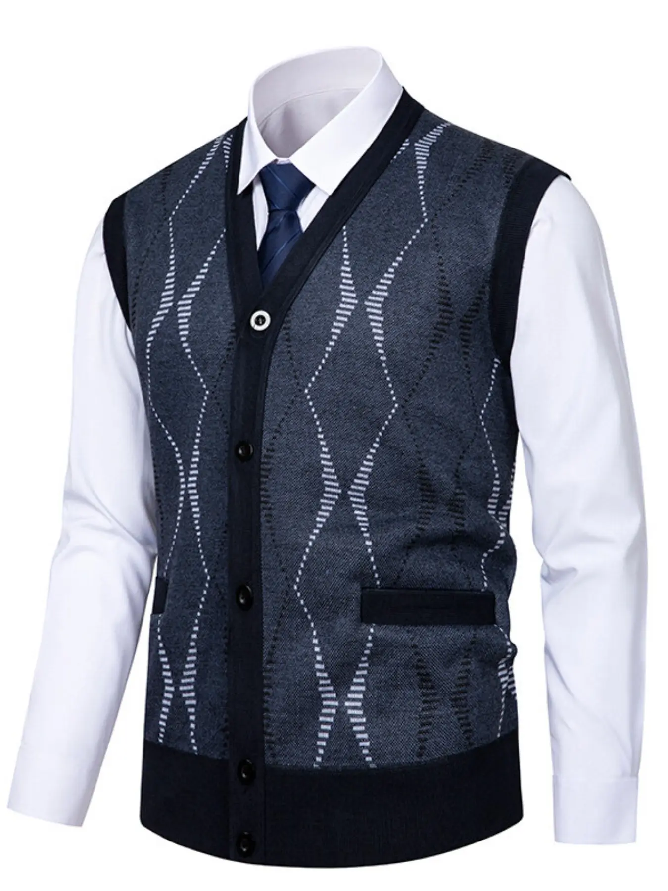 Men's V-Neck Rhombus Knit Vest, Sleeveless Button Front Cardigan, Thick Soft Warm Knitted Gilet with Pockets, Business Formal Innerwear