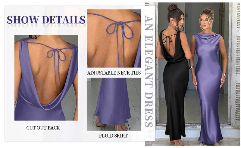 Women's Satin Elegant Sleeveless High Neck Tie Cocktail Party Maxi Dress Fabric Formal Women's Satin Elegant Sleeveless High Neck Tie Cocktail Party Maxi Dress Fabric Formal