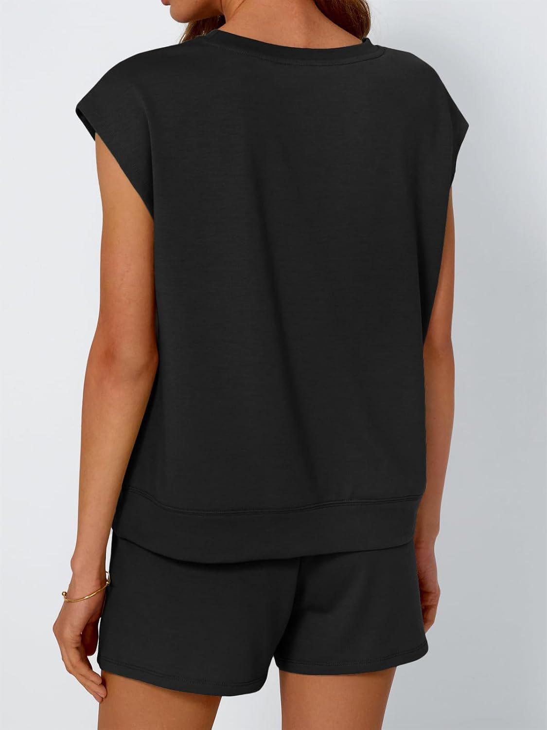 Women's 2-Piece Lounge Set - Sleeveless Cap Sleeve Top & Drawstring Pocket Shorts