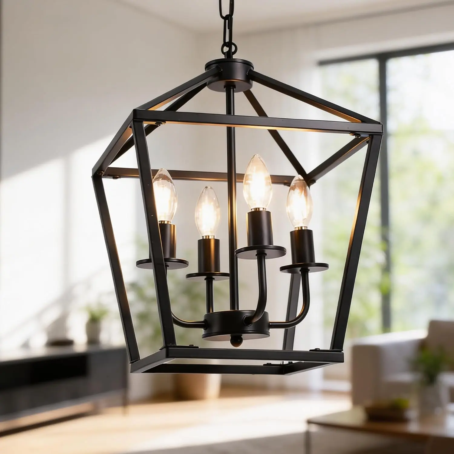 Farmhouse Lantern Chandelier 4-Light, Industrial Black Ceiling Light Fixture with Rustic Open Cage and Adjustable Hanging Height, E12 Base for Kitchen Island, Dining Room, Entryway, Foyer