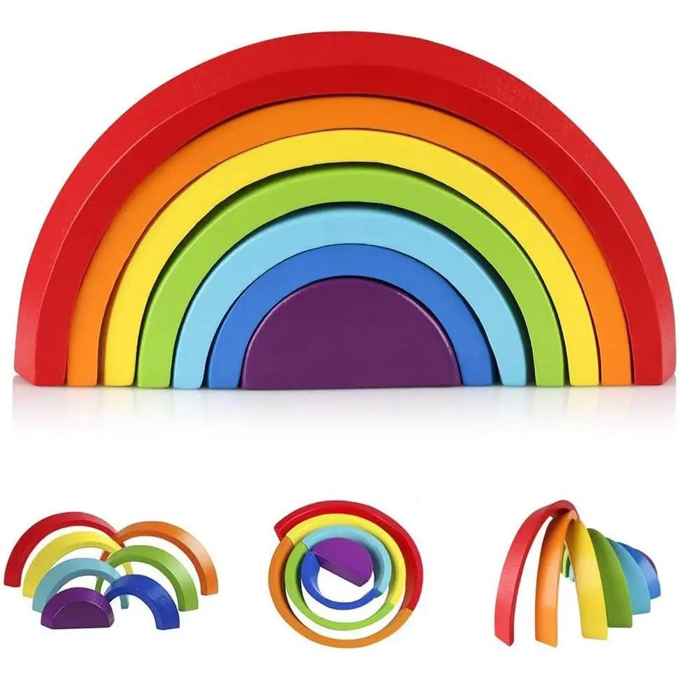 Wooden Rainbow Stacker Nesting Puzzle Blocks - Tunnel Stacking Game Building Creative Color Shape Matching Jigsaw Learning Toy Set Board Early Development for Kids Boy Girlfidget toys