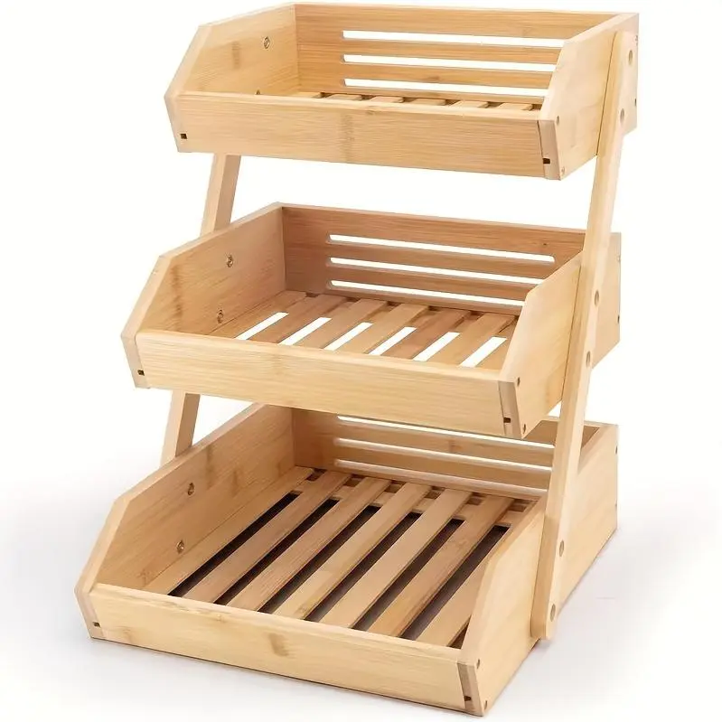 dish,3-Tier or 2-Tier Heavy-Duty Wood Fruit Basket Stand Suitable for - Large Capacity Multi-Level Countertop Shelf with Natural Wood Finish & Open Slat Airflow Design, Pantry Organizer, Bread, Vegetables, Produce