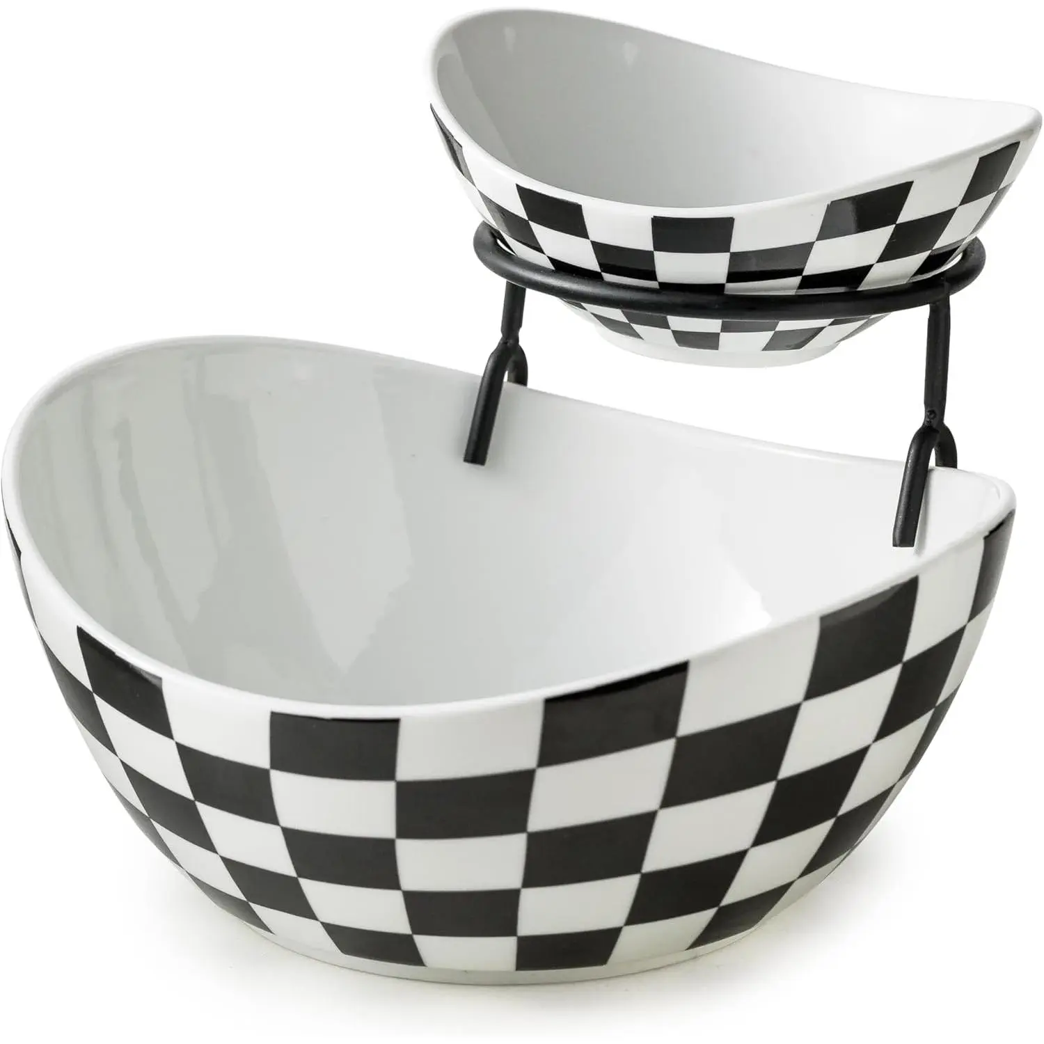 Tiered Serving Bowls, Chip and Dip Serving Set, Hosting Essentials | Serving Platters and Tray for Appetizer, with Removable Stand, Party Entertaining, Black White Checkered, Microwave Oven Safe