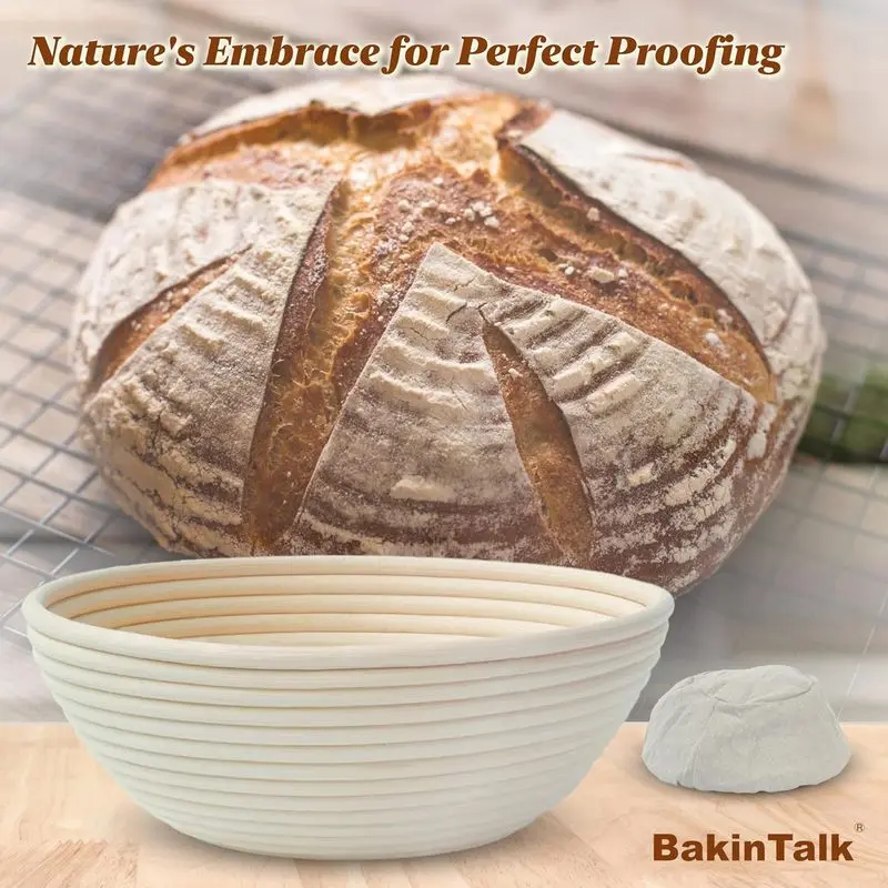 9‑Inch Round Banneton Proofing Basket Set of 2, Hand‑Woven Natural Indonesian Rattan Bread Proving Bowls with Linen Liner, European Style Home Baking Tools for Artisan Bread Making