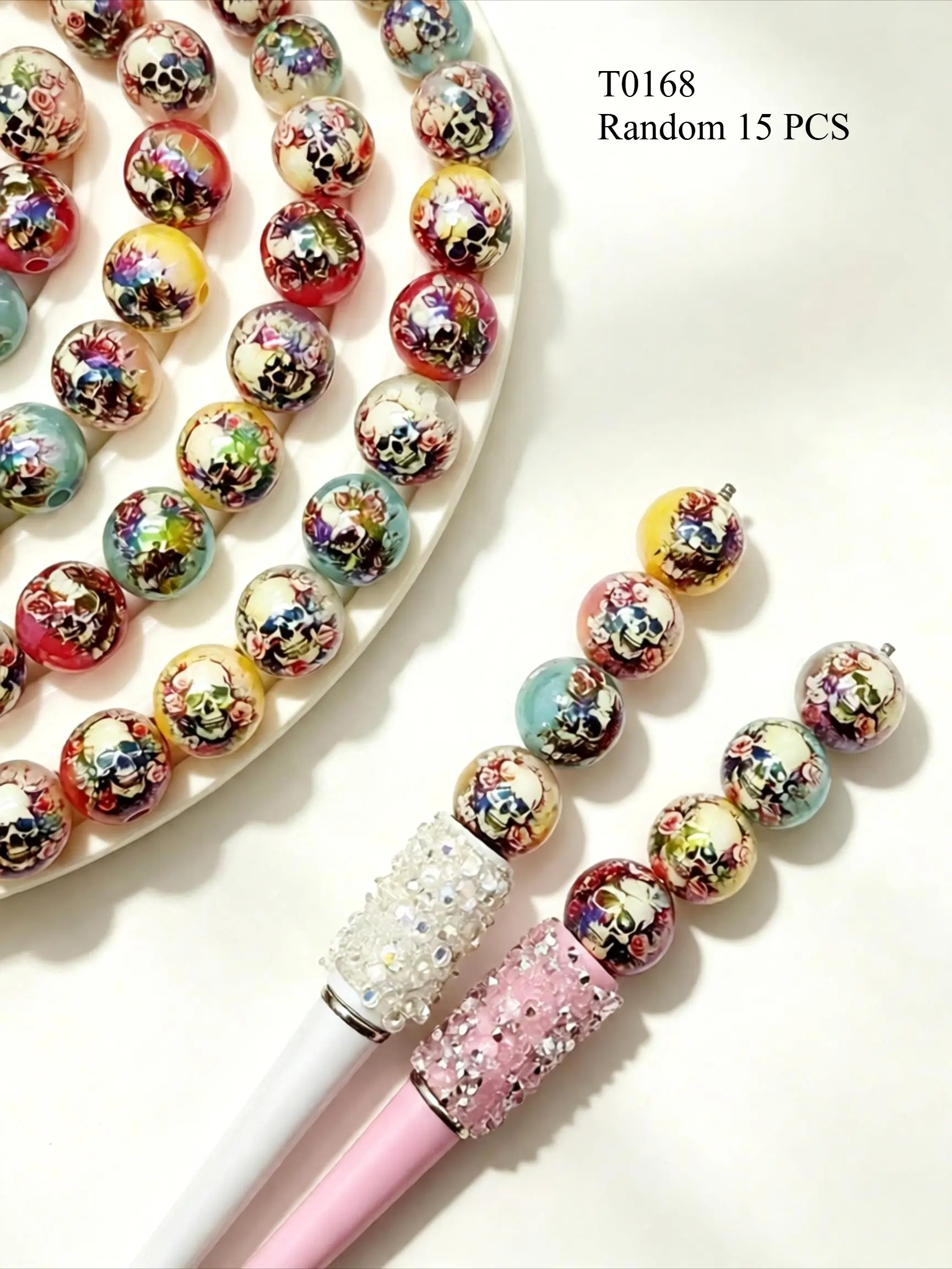 15 Acrylic 16mm Multicolor Skull Beads, Vintage Rose Skull Round Beads, Handmade Bracelet Necklace DIY, Gothic Halloween Jewelry Accessories