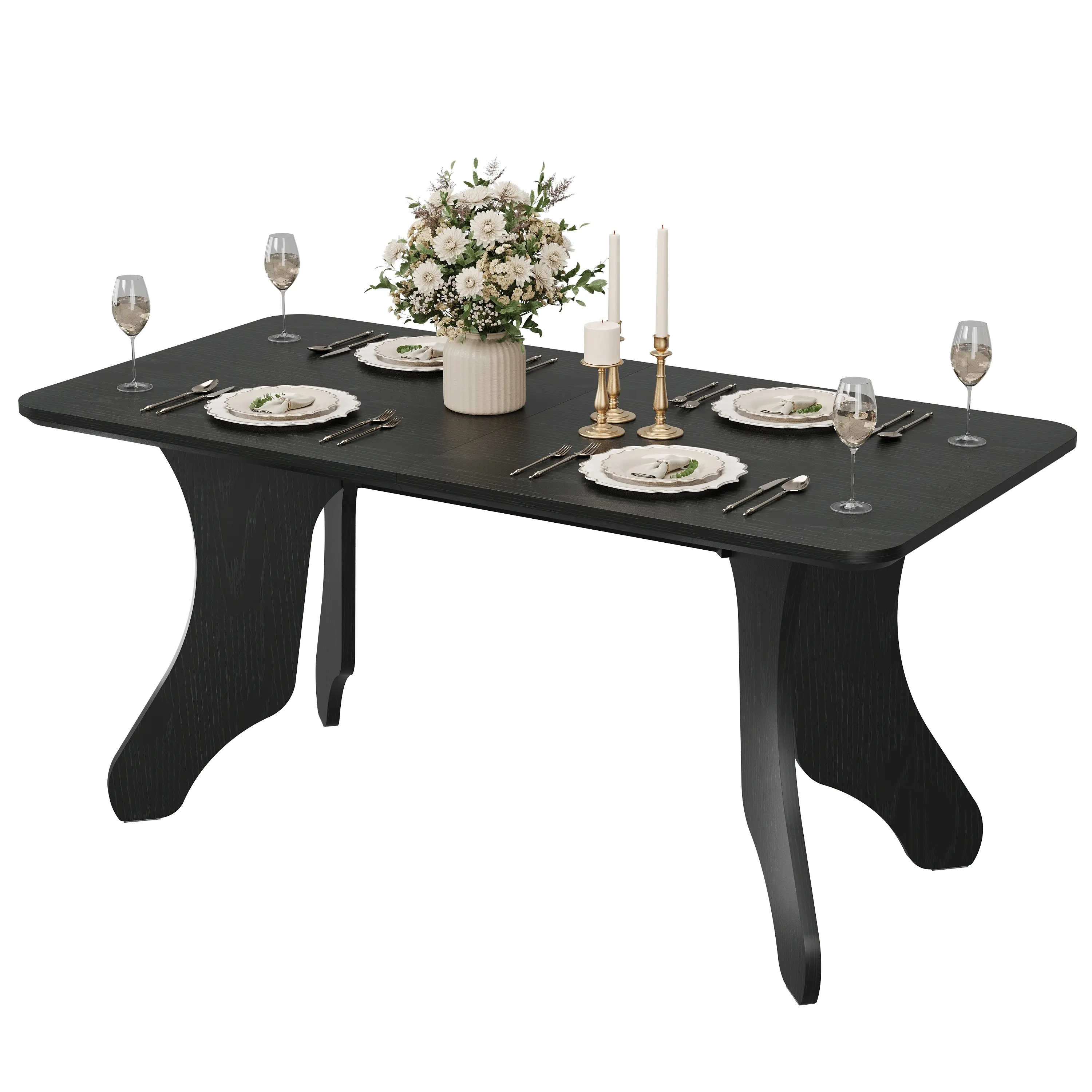 63 Inch Rectangular Dining Table with Artistic Antler Legs Wooden Kitchen Table for 4-6 People Modern Minimalist Home Furniture