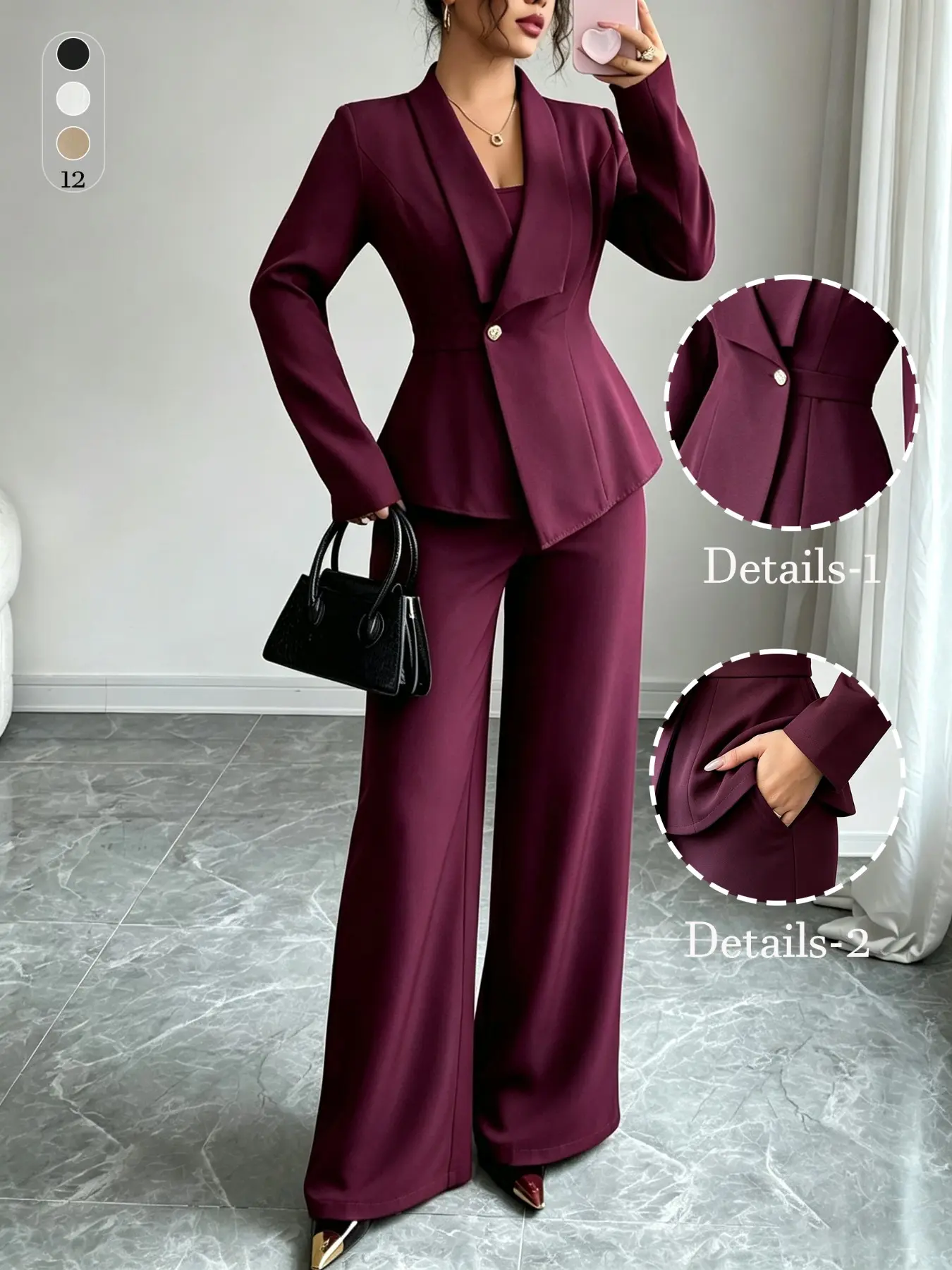 Women's Elegant Chic Business Suit Set, Long Sleeve V-Neck Fitted Top, Plain Color Belted Pants, All Seasons Casual Office Wear